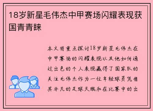 18岁新星毛伟杰中甲赛场闪耀表现获国青青睐